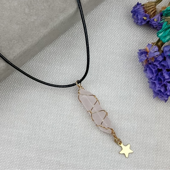 Jewelry - Rose Quartz Crystal wire wrapped bullet point necklace